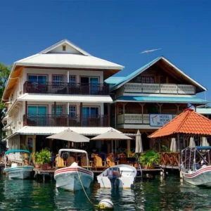 Old houses seen from the sea in Bocas del Toro